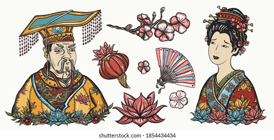 Ancient China. History and culture. Asian art. Traditional tattooing style. Old school tattoo vector collection. Chinese emperor, queen in traditional costume, fan, red lantern, lotus flower 