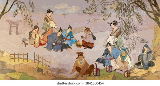 Ancient China and Japan. Oriental people. Tea ceremony. Samurai warrior and geisha. Traditional paintings. Tradition and culture of Asia. Classic wall drawing. Murals and watercolor asian style 