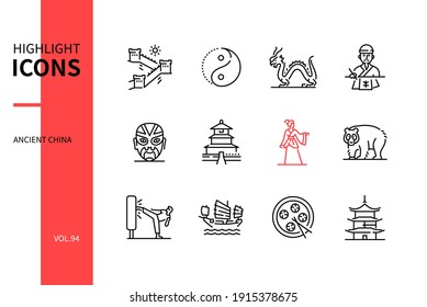 Ancient China - modern line design style icons set. Chinese culture, arts and craft. Traditional clothes, food and landmarks. The Great Wall, yin and yang symbol, calligraphy, kung fu, jiaozi, pagoda