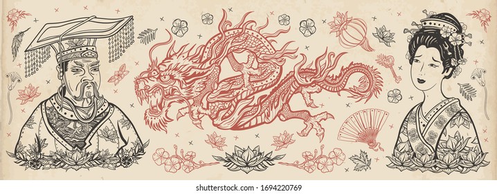 Ancient China. Old school tattoo vector collection. Chinese dragon, emperor, queen in traditional costume, fan, red lantern, lotus flower. Traditional tattooing style. History and culture. Asian art 