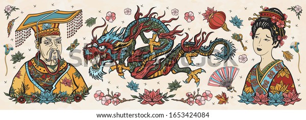 Ancient China. Old school tattoo vector collection.
Chinese dragon, emperor, queen in traditional costume, fan, red
lantern, lotus flower. History and culture. Asian art. Traditional
tattooing style 