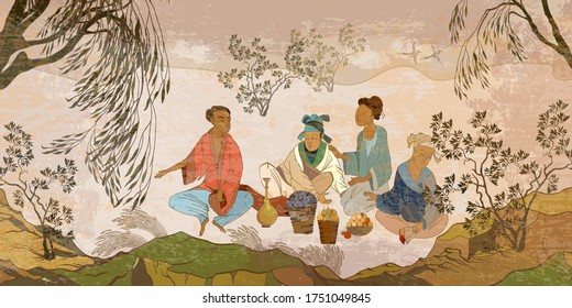 Antigua China. Oriental. Ceremonia del té. Cuadros tradicionales chinos. Dibujo clásico de pared. Murales y acuarela de estilo asiático. Ilustración vectorial dibujada a mano. Tradición y cultura de Asia