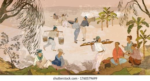 Ancient China. Oriental People. Tea Ceremony. Old Village, Peasants. Traditional Chinese Paintings. Tradition And Culture Of Asia. Classic Wall Drawing. Murals And Watercolor Asian Style 