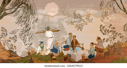 Ancient China. Oriental people. Tea ceremony. Classic wall drawing. Murals and watercolor asian style. Old village, peasants. Traditional Chinese paintings. Tradition and culture of Asia