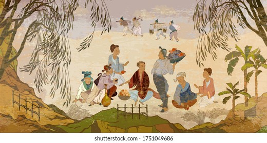 Ancient China. Oriental people. Traditional Chinese paintings. Tradition and culture of Asia. Classic wall drawing. Murals and watercolor asian style. Hand-drawn vector illustration 