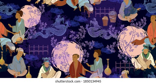 Ancient China seamless pattern. Classic wall drawing. Oriental people. Traditional Chinese paintings. Tradition and culture of Asia. Murals and watercolor asian style 