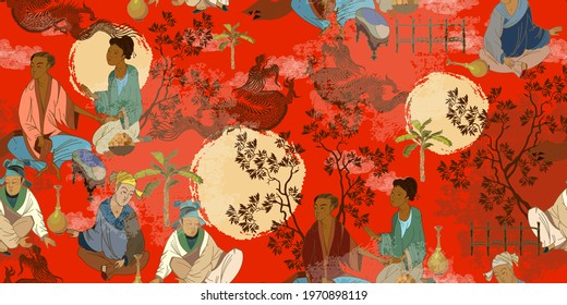 Ancient China seamless pattern. Classic wall drawing. Tradition and culture of Asia. Murals and watercolor asian style. Oriental people. Traditional Chinese paintings 