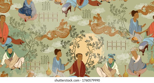 Ancient China seamless pattern. Oriental people. Tea ceremony. Traditional Chinese paintings. Tradition and culture of Asia. Classic wall drawing. Murals and watercolor asian style 