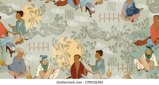 Ancient China seamless pattern. Oriental people and dragons. Tea ceremony. Traditional Chinese paintings. Tradition and culture of Asia. Classic wall drawing. Murals and watercolor asian style 