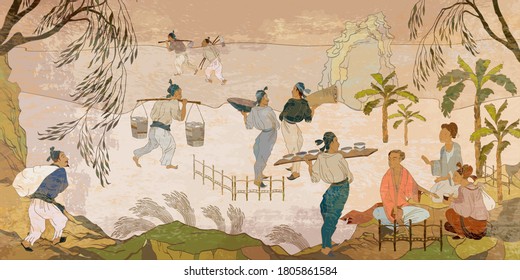 Ancient China. Tea ceremony. Traditional Chinese paintings. Tradition and culture of Asia. Classic wall drawing. Murals and watercolor asian style. Hand-drawn vector illustration. Oriental people  