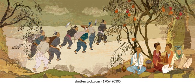 Ancient China. Tea ceremony. Traditional Chinese paintings. Tradition and culture of Asia. Farmers work in rice field. Oriental people. Classic wall drawing. Murals and watercolor asian style 