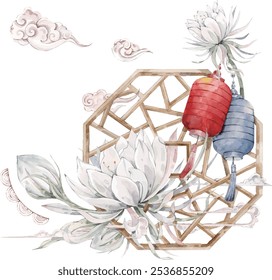 In ancient China, there were beautiful blooming Epiphyllum flowers and two lanterns on wooden window frames