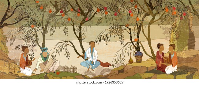 Ancient China. Tradition and culture of Asia. Tea ceremony. Hand-drawn vector illustration. Oriental people. Classic wall drawing. Murals and watercolor asian style. Traditional Chinese paintings 