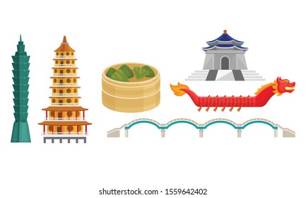 Ancient Chinese Architecture And Modern Building, Cuisine And Culture Vector Illustration Set Isolated On White Background