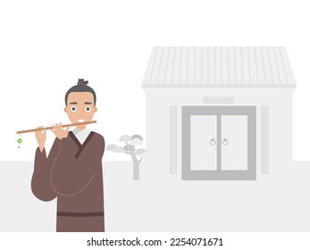 Ancient Chinese artist is playing the flute