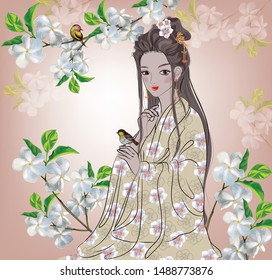Ancient Chinese beautiful girl with birds and white flowers - vector