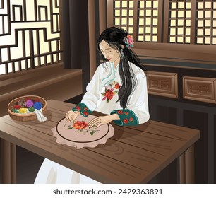 Ancient Chinese beautiful woman sat embroidery in a room of house 