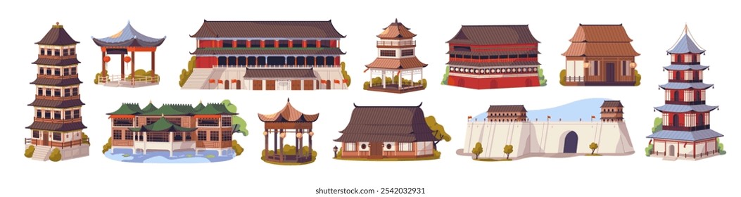 Ancient Chinese buildings set. Traditional Asian architecture with red walls. Pagoda, oriental towers, temples, shrine, wooden houses in China. Flat isolated vector illustrations on white background