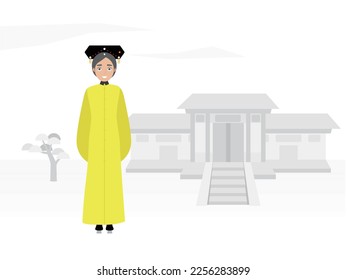 Ancient Chinese cartoon woman and ancient buildings