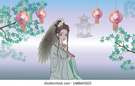 Ancient Chinese girl holding an umbrella with a Chinese lantern and  a pavilion with a tree on romantic background