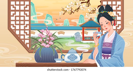 Ancient Chinese girl sitting by window, enjoying a cup of hot tea. Concept of relaxing and healthy lifestyle in flat design