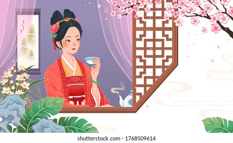 Ancient Chinese girl sitting by the window and enjoying a cup of hot tea, concept of relaxing and healthy lifestyle in flat design