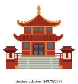 Ancient chinese house building vector image, asian traditional building facade clip art, pagoda home flat design illustration, china pavilion architecture 
