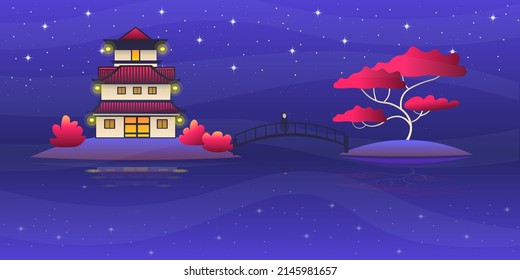 Ancient Chinese house with lanterns in the middle of the lake. Cute ghost on the bridge. Fashion wallpaper in fantasy style.