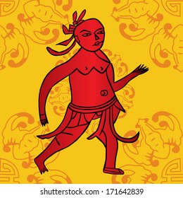 An Ancient Chinese Medicine Book Drawing. Red Man On Yellow Background.