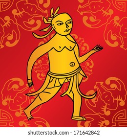 An Ancient Chinese Medicine Book Drawing. Yellow Man On Red Background.