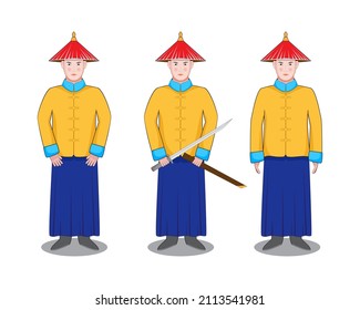 ancient Chinese official of Ming or Qing dynasty guard or bodyguard dress cosplay or costume in yellow blue colour uniform with red hat drawing in cartoon vector 