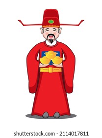 antiguo funcionario chino de la dinastía Ming o Qing vestido cosplay o disfraz con bless de uniforme rojo o saludo sosteniendo oro chino llamado dibujo de Sycee en vector de dibujos animados