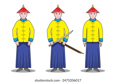 Antiguo oficial chino de la dinastía Ming o Qing guardia o guardaespaldas vestido cosplay o traje en uniforme de color amarillo azul con el dibujo del sombrero rojo en el Vector de dibujos animados de colores