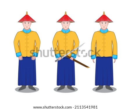 ancient Chinese official of Ming or Qing dynasty guard or bodyguard dress cosplay or costume in yellow blue colour uniform with red hat drawing in cartoon vector 