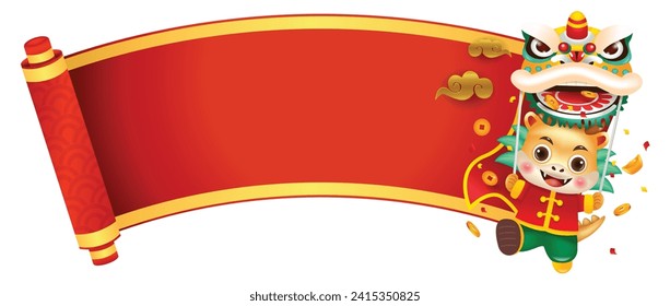 Ancient Chinese Paper Scroll with Cute Dragon performing Lion Dance Illustration