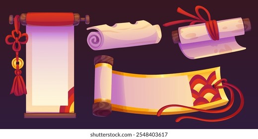 Ancient chinese paper scrolls set isolated on black background. Vector cartoon illustration of rolled blank sheets with golden and red decoration, asian message background, oriental manuscript border