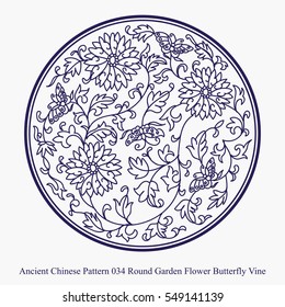 Ancient Chinese Pattern of Round Garden Flower Butterfly Vine