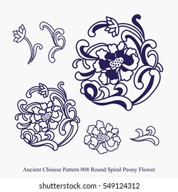 Ancient Chinese Pattern of Round Spiral Peony Flower