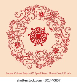 Ancient Chinese Pattern. Spiral Round Flower Gourd Wreath
