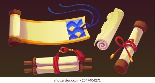 Ancient Chinese scroll collection - parchments with wooden handles. Paper rolls decorated by blue wave pattern, red ribbons and golden trim. Open manuscript, sealed document and rolled certificate.