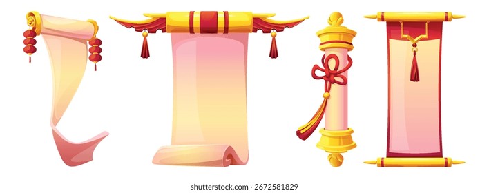 Antigo conjunto de pergaminhos chinês - rolos de papel real dourado vermelho com nós, borlas e padrões ornamentais tradicionais. Folhas de pergaminho em branco isoladas enroladas nas bordas, faixas manuscritas antigas ou cartazes.