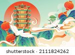  an ancient Chinese style building in the mountain peak with yellow cranes flying in the air, vector illustration