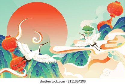  an ancient Chinese style building in the mountain peak with yellow cranes flying in the air, vector illustration