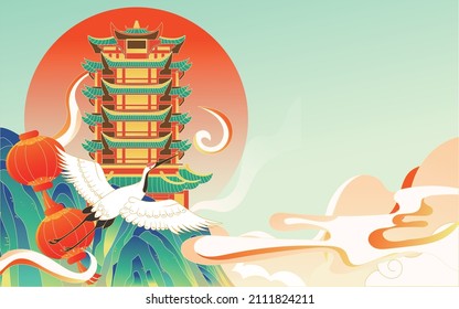  an ancient Chinese style building in the mountain peak with yellow cranes flying in the air, vector illustration