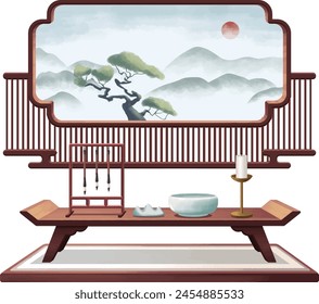 Ancient Chinese style picture frame and brush on desk