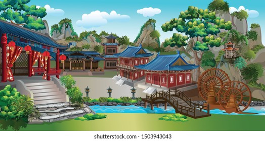 The ancient Chinese village in the valley has a canal in front with a bridge over the canal and an ancient Chinese house and pavilion.
