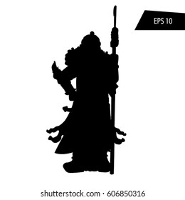 Ancient Chinese Warrior silhouette, illustration white background 