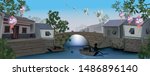 Ancient Chinese waterfront village with a rowboat and the bride on the river in a simple life-vector