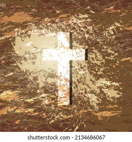 Ancient Christian cross. There is an old background created with paint brushes. In remembrance of Easter