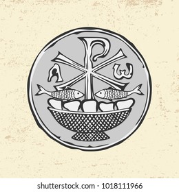 Ancient Christian symbol of Jesus Christ. Alpha and Omega. Two fish and five loaves.